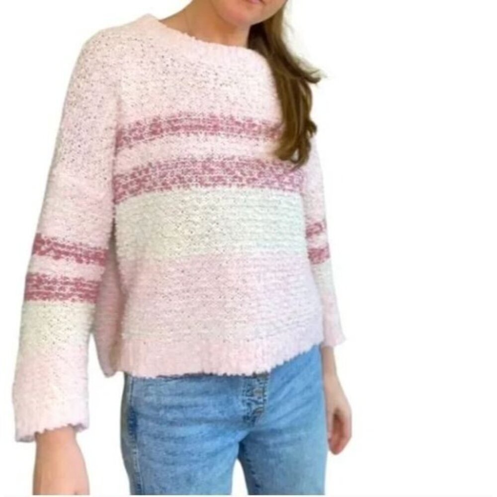 Umgee Sweater Womens Medium Pink Striped Textured Cropped Chunky Comfy Boho
